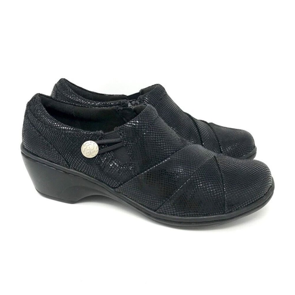 New Clarks Channing Ann Wedges Black Lizard Print Leather Shoes - Size 8.5 M